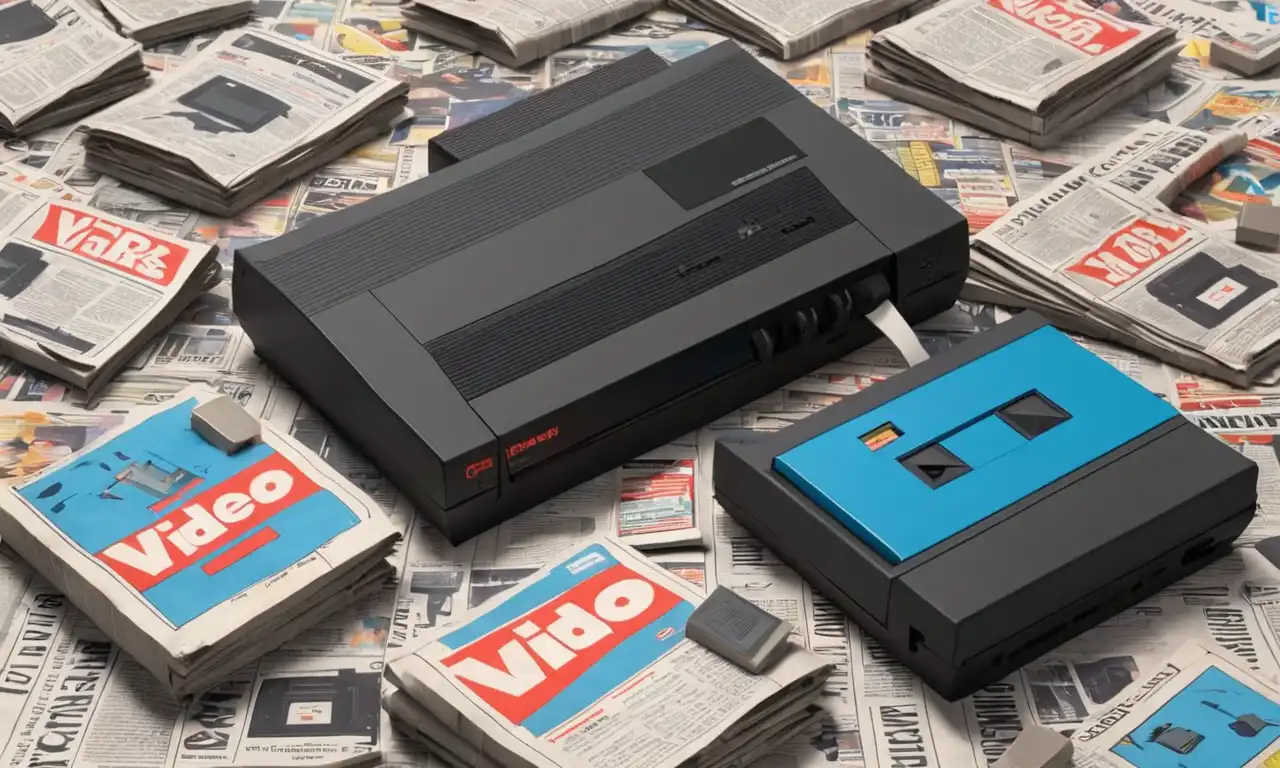 Antigua consola de juegos de computadora y cartuchos rodeados de periódicos con titulares sobre el accidente de videojuego de 1983.