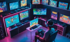 Una persona sentada frente a una consola de juegos retro rodeada de pantallas que muestran juegos clásicos junto a los auriculares de realidad virtual modernos.