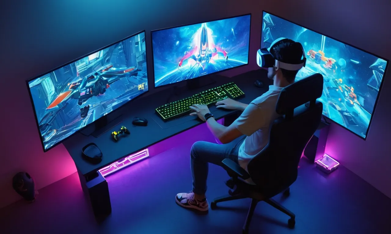 Un jugador sentado frente a una pantalla de ordenador mostrando un juego de realidad virtual.