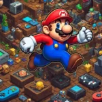 Un pixelado Mario saltando sobre la cabeza de Goombas