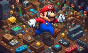 Un pixelado Mario saltando sobre la cabeza de Goombas