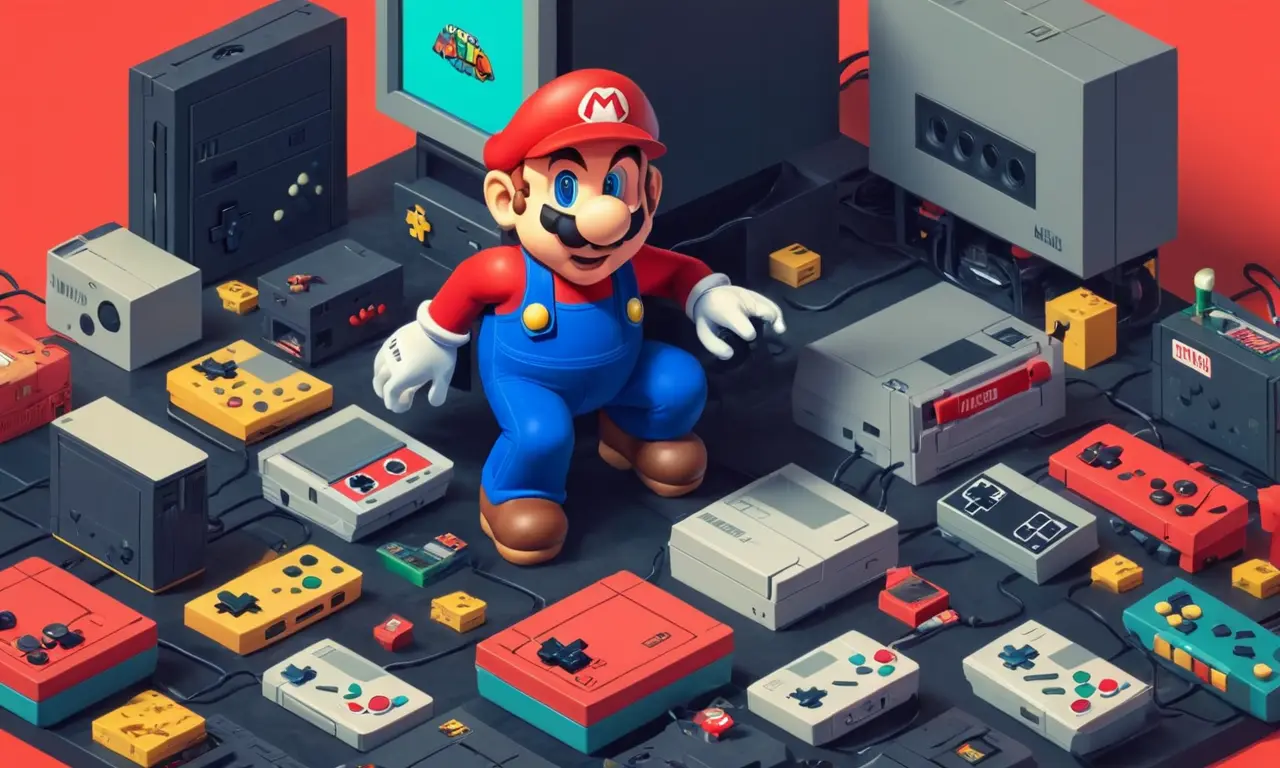 Mario personaje rodeado de consolas de juego vintage y elementos nostálgicos, con un sutil guiño al legado que dejó en la industria del videojuego.