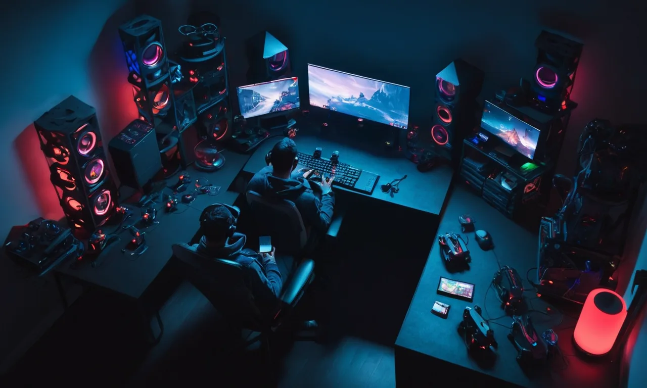 Un jugador sentado en un escritorio rodeado de consolas de juego y controladores