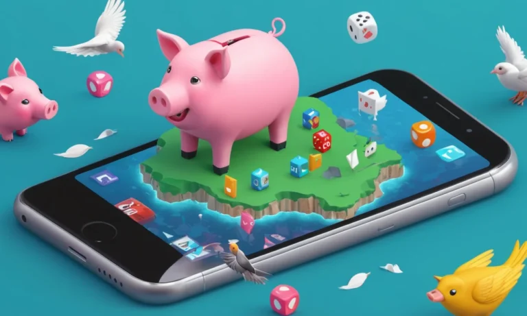 Un cerdo de dibujos animados siendo golpeado por un pájaro en una pantalla móvil en medio de un fondo de iconos de juego.