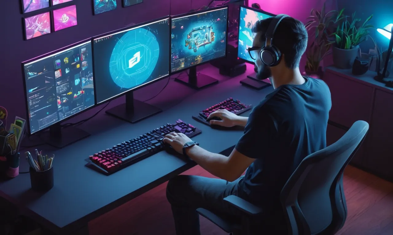 Un diseñador gráfico trabajando en un PC con varios software relacionado con el juego y pantallas indie juego.