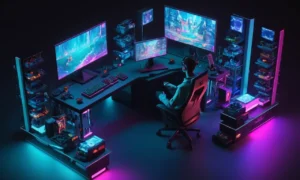 Un programador que modifica el código de juego en una pantalla de ordenador rodeada de consolas de juego y accesorios.