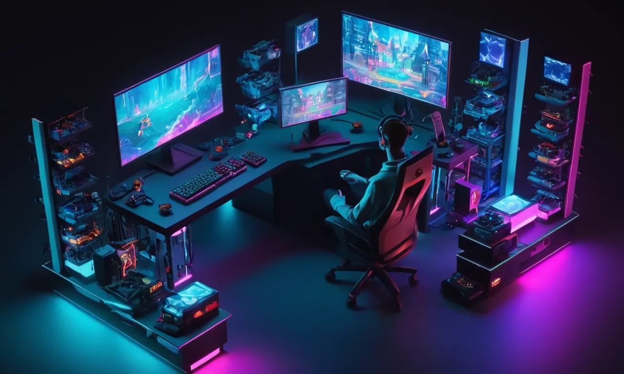 Un programador que modifica el código de juego en una pantalla de ordenador rodeada de consolas de juego y accesorios.