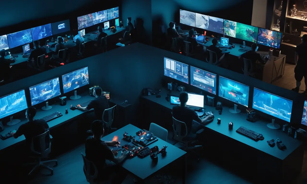 Un collage de desarrolladores independientes de juegos en estaciones de trabajo con pantallas que muestran sus juegos y herramientas de modding.