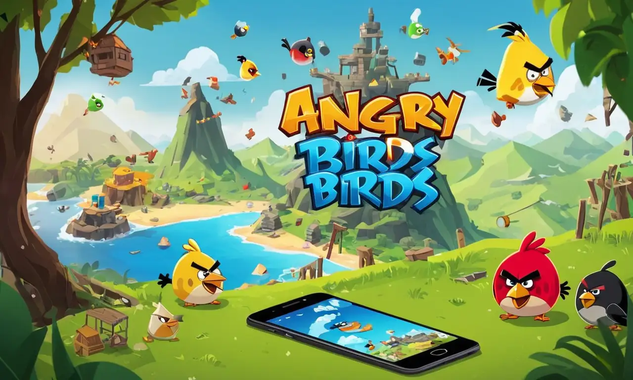 Una persona jugando Angry Birds en un smartphone, con gráficos y gráficos que los rodean.