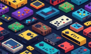 Una consola de videojuegos de estilo retro rodeado de colorido píxel arte de diferentes épocas