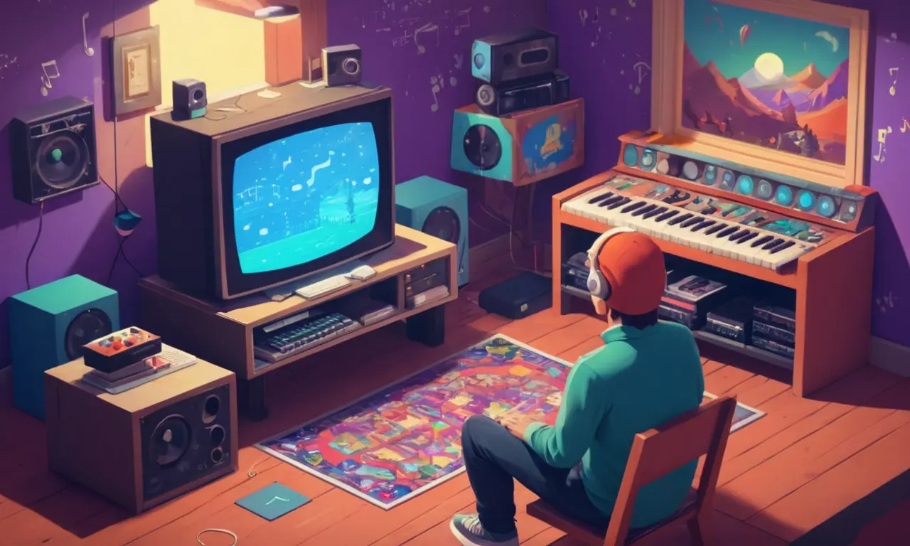 Una persona sentada frente a una antigua consola o computadora con pantallas de juego nostálgicas y notas de música.