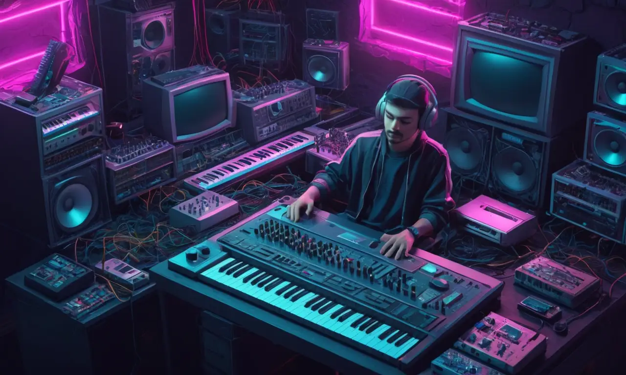 Un músico rodeado de viejas computadoras y sintetizadores con ondas de sonido chiptune en el fondo.