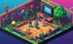 Una escena de juego de píxel con personajes bailando a la música chiptune.