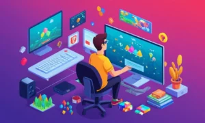 Una persona sentada frente a una pantalla de computadora que muestra varios resultados de búsqueda en línea para juegos raros.