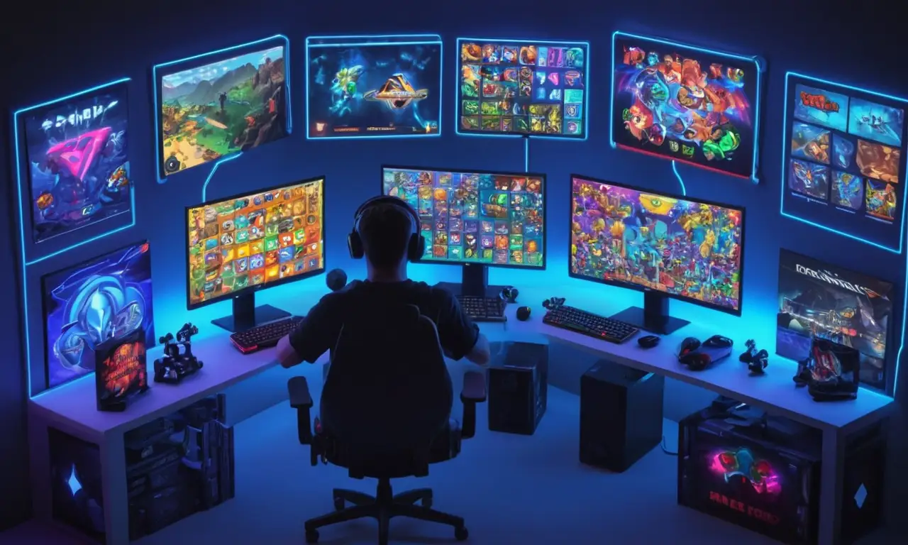 Un jugador sentado frente a una pantalla de ordenador mostrando varios iconos de juego modificados.