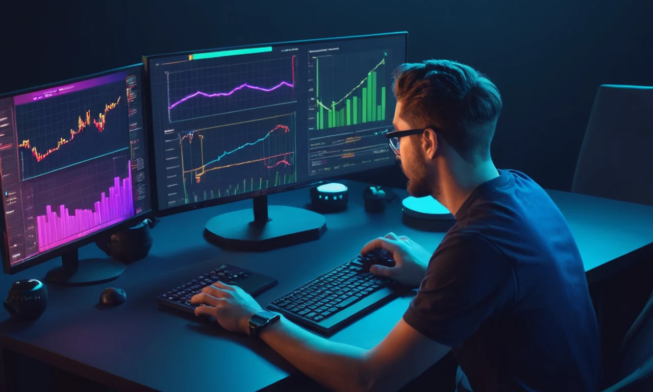 Un desarrollador de juegos analizando gráficos en una pantalla de computadora para optimizar el rendimiento del juego y las métricas de compromiso del jugador.