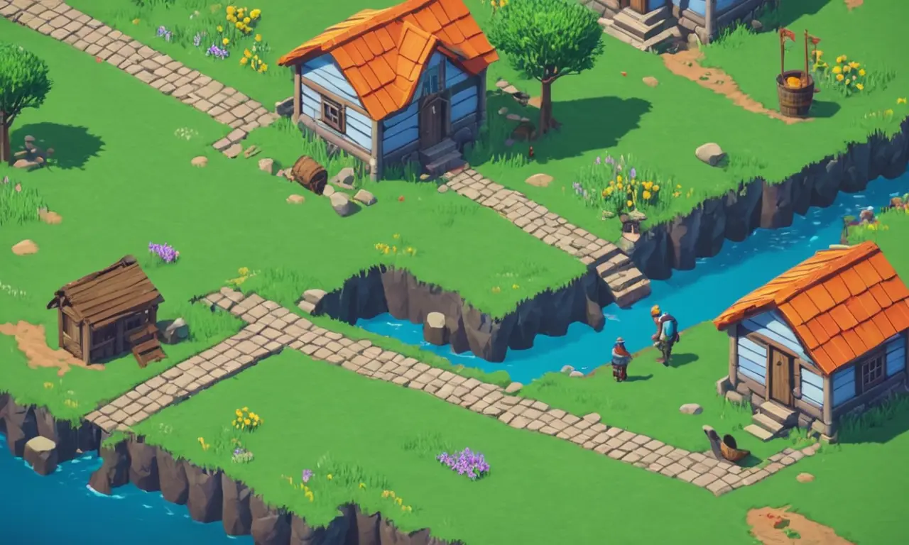 Una escena de juego de mundo abierto con una narrativa ambiental que se desarrolla en el fondo.