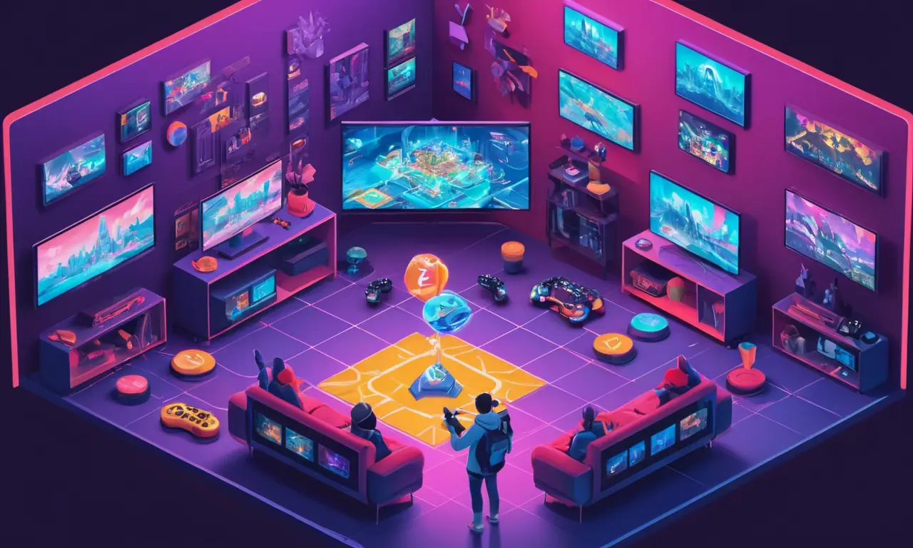 Una persona que sostiene un controlador, rodeado de pantallas que muestran varias escenas de videojuegos e historias.