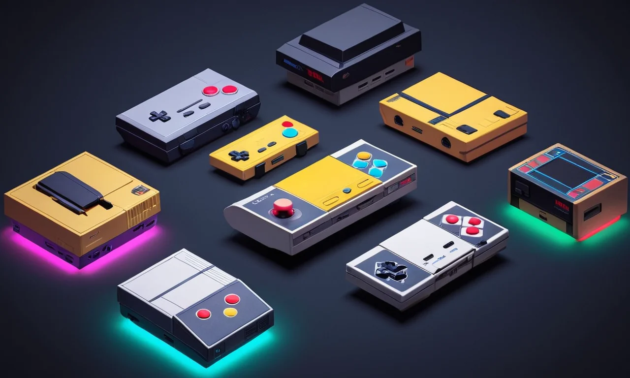Una colección de consolas de videojuegos vintage y juegos con iluminación lenceria.