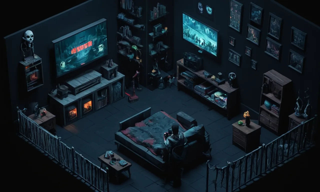 Una habitación oscura llena de pantallas que muestran escenas extrañas de varios videojuegos de terror.