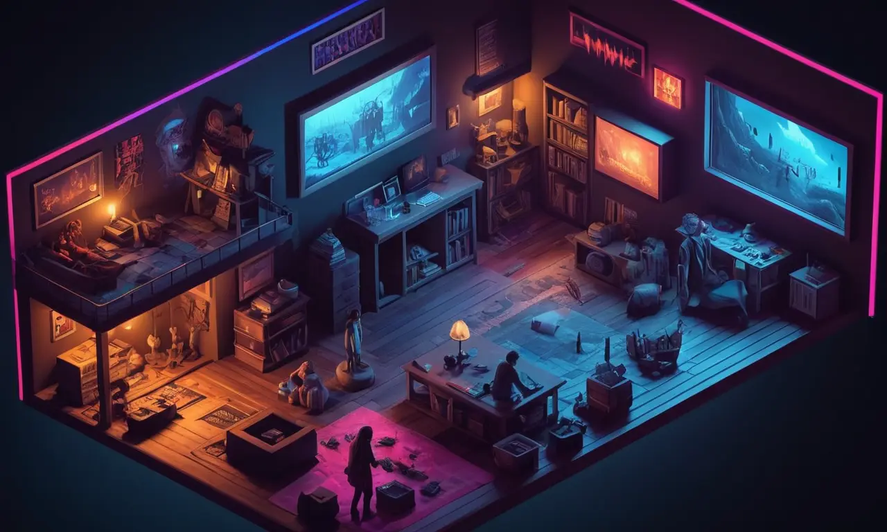 Un jugador jugando un juego de horror con iluminación estremecedora y una línea de tiempo en el fondo mostrando evolución de narrativas del juego de horror.