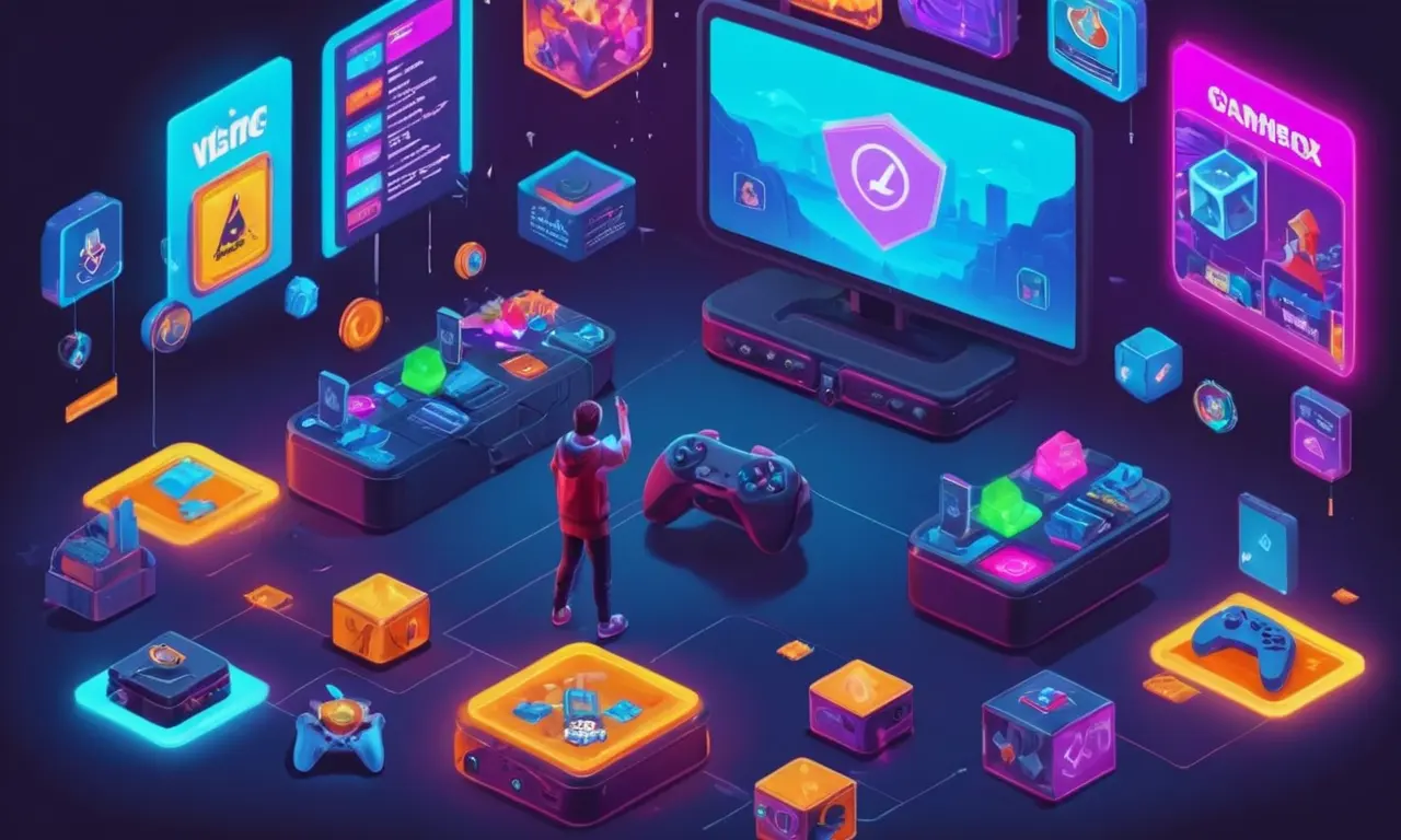 Una persona que sostiene un controlador rodeado de pantallas de juego y señales de advertencia sobre cajas de botín.