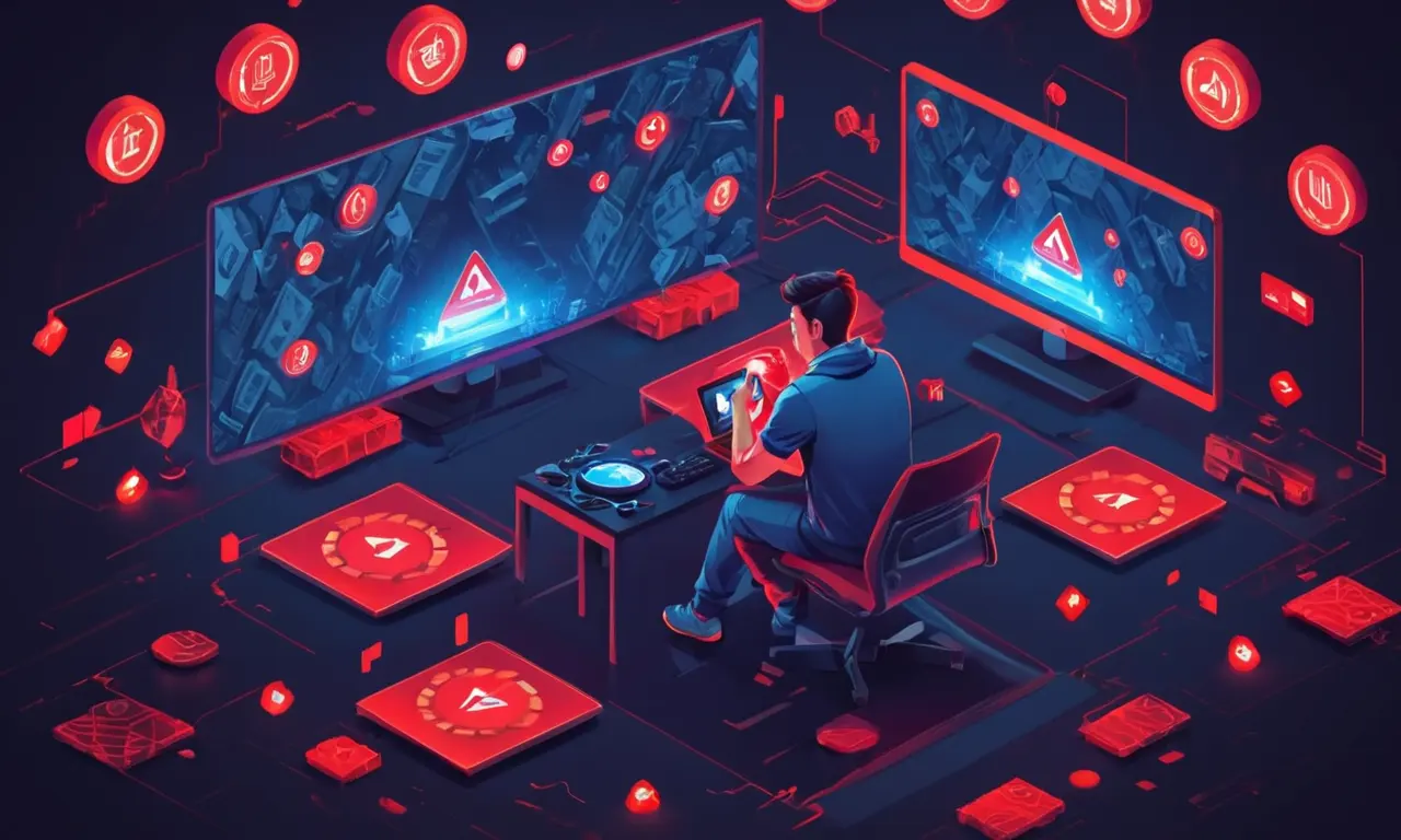 Una persona rodeada de pantallas de juego y monedas, con un símbolo de advertencia roja superpuesta.