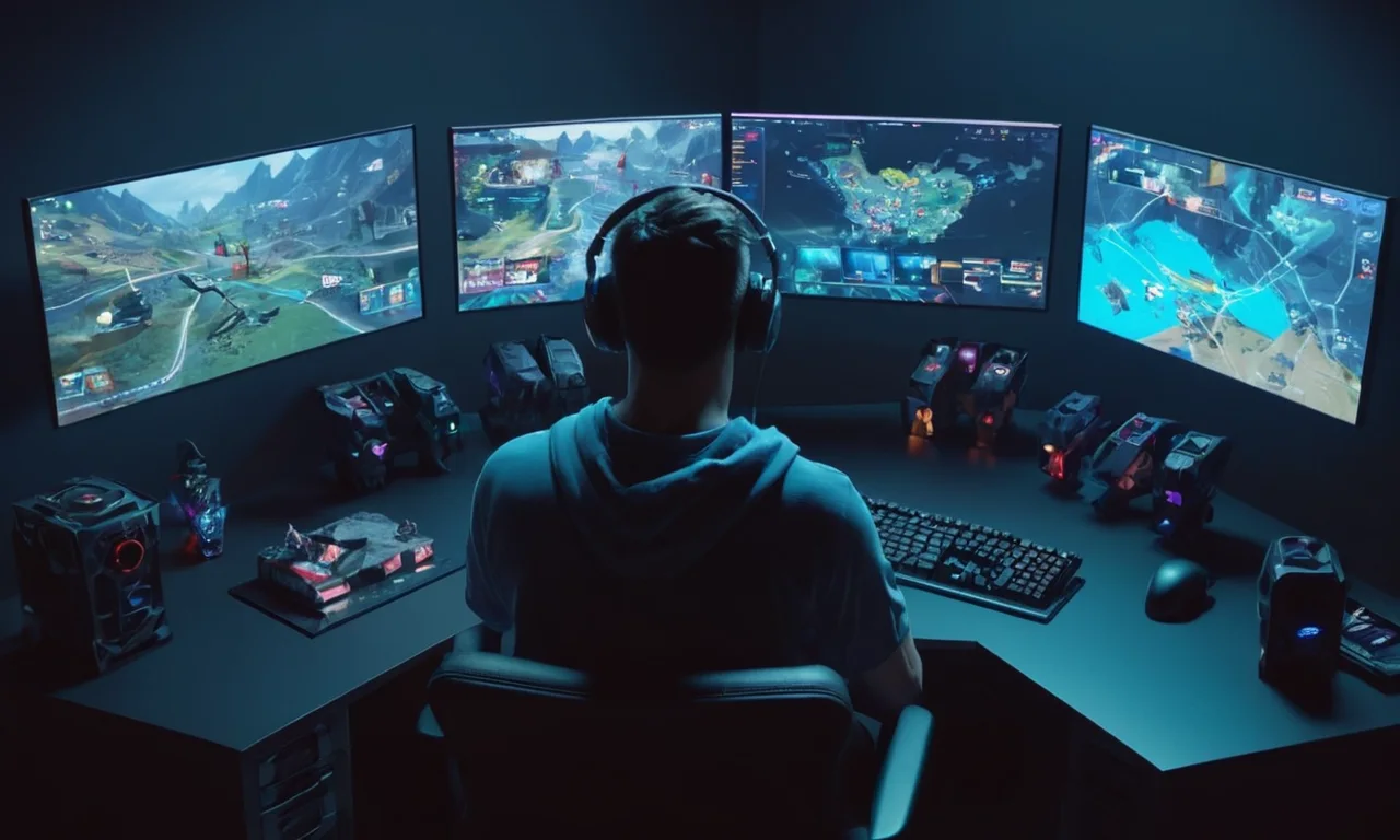 Un jugador sentado en un escritorio, rodeado de pantallas que muestran imágenes de juego y estadísticas, con una expresión preocupada.