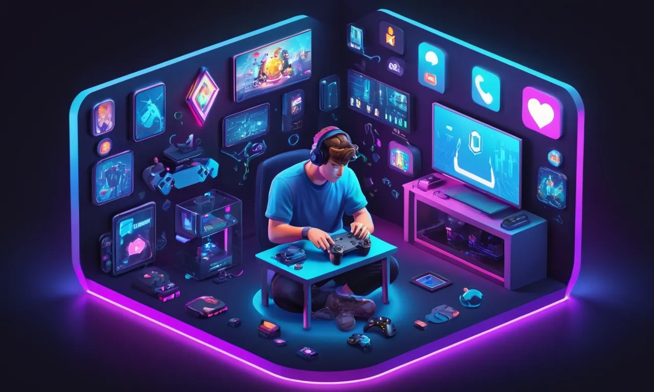 Un jugador que sostiene un controlador de consola rodeado de iconos digitales y pantallas que muestran los datos del juego.