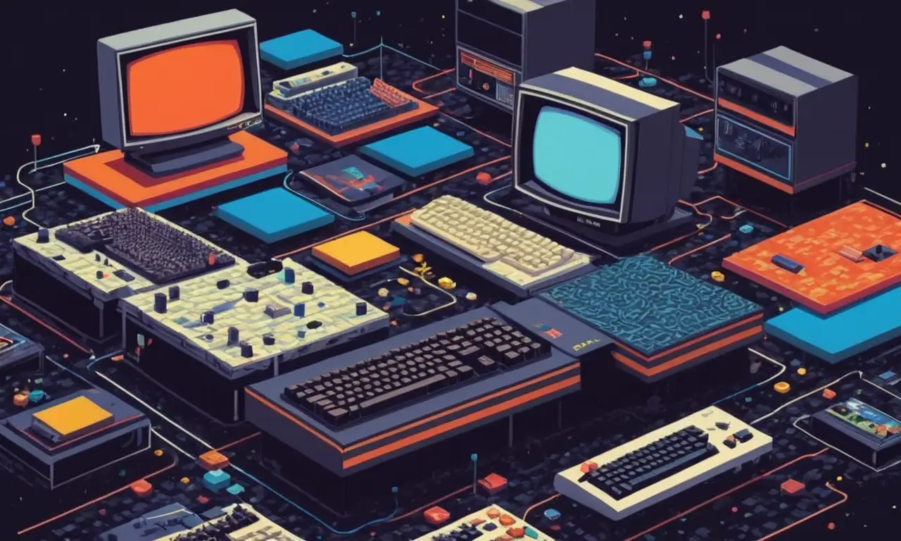 Una consola de ordenador vintage junto a los fundadores de Atari, con un fondo nostálgico de gráficos pixelados.