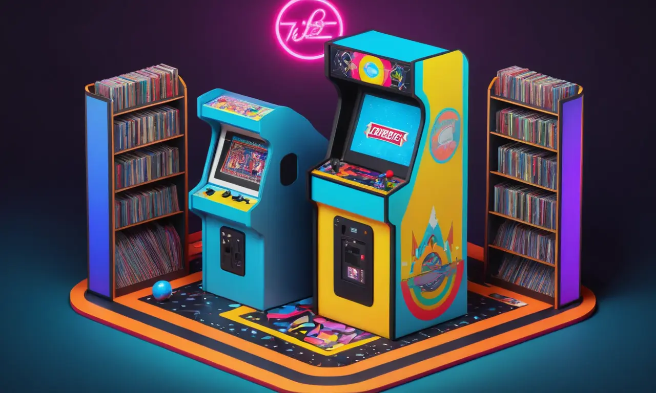 Un gabinete de arcade de estilo retro que destaca entre los elementos emblemáticos de la cultura pop como discos de vinilo y cintas de cassette.