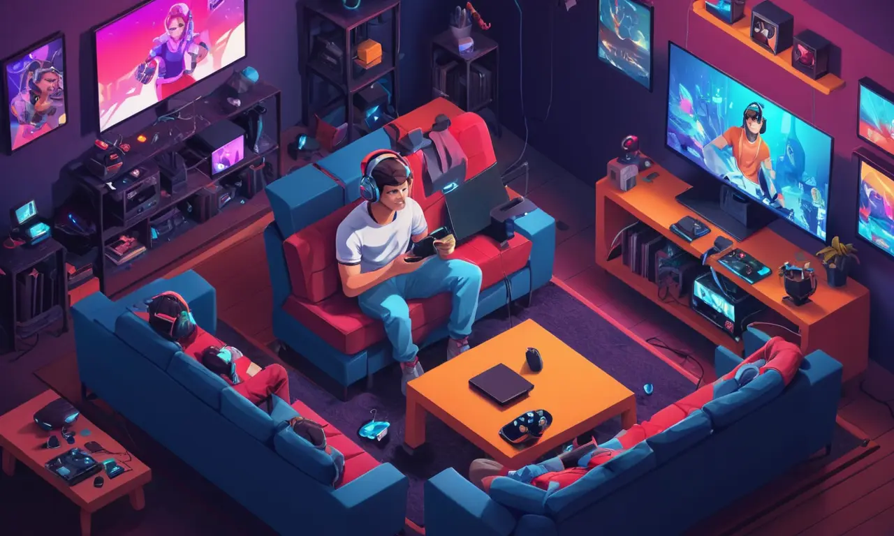 Un jugador sentado en un sofá, rodeado de consolas y pantallas de juego, con pensamientos y comentarios de redes sociales flotando alrededor de su cabeza.