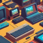Una escena nostálgica con viejas computadoras y consolas rodeada de icónicos cartuchos y pantallas de juego.