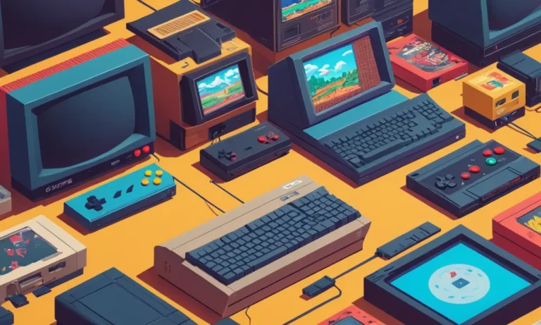 Una escena nostálgica con viejas computadoras y consolas rodeada de icónicos cartuchos y pantallas de juego.