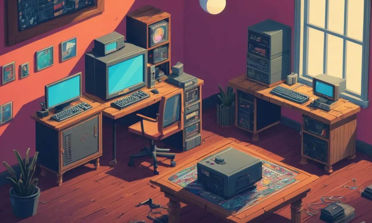 Computadoras antiguas y desarrolladores de juegos tempranos en un entorno nostálgico.