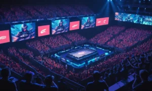 Una multitud animando en un torneo de esports con pantallas que muestran juegos populares.