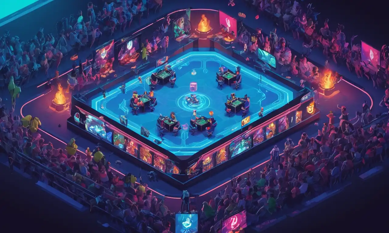 Un grupo de jugadores que compiten en un torneo en una pantalla grande.