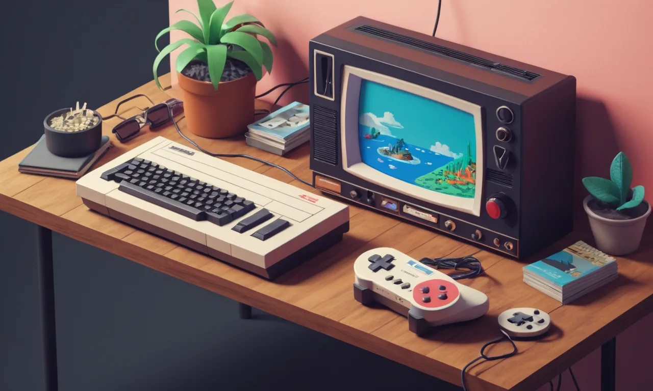 Una consola retro con un fondo nostálgico, rodeada de notas y depuradores.