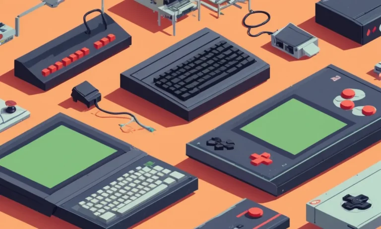 Pantallas de computadora antiguas con errores pixelated y errores en medio de controladores de juego vintage.