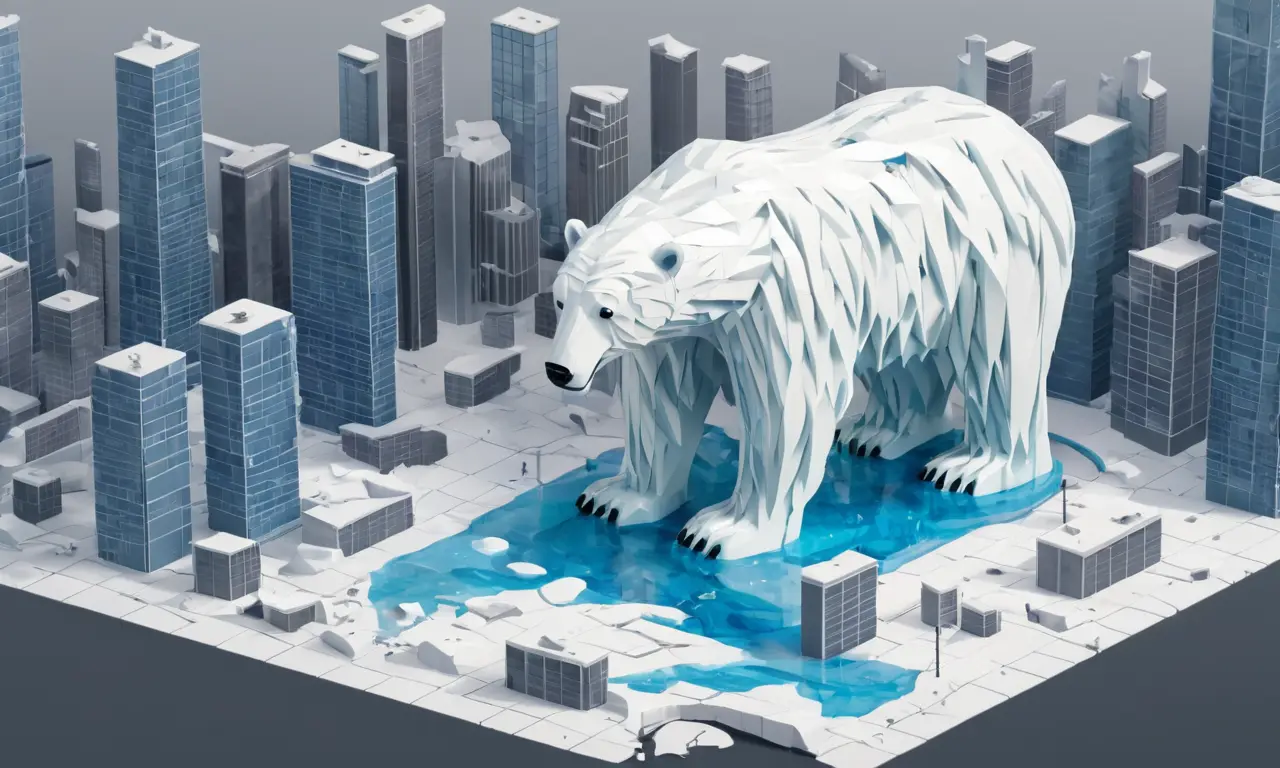 Una ilustración de un oso polar fundido en medio de un paisaje urbano con pantallas que muestran entornos destruidos.