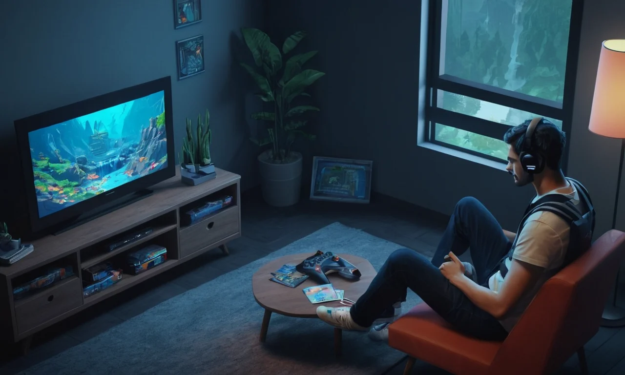 Un jugador sentado frente a un televisor jugando un videojuego de temática de crisis ambiental.