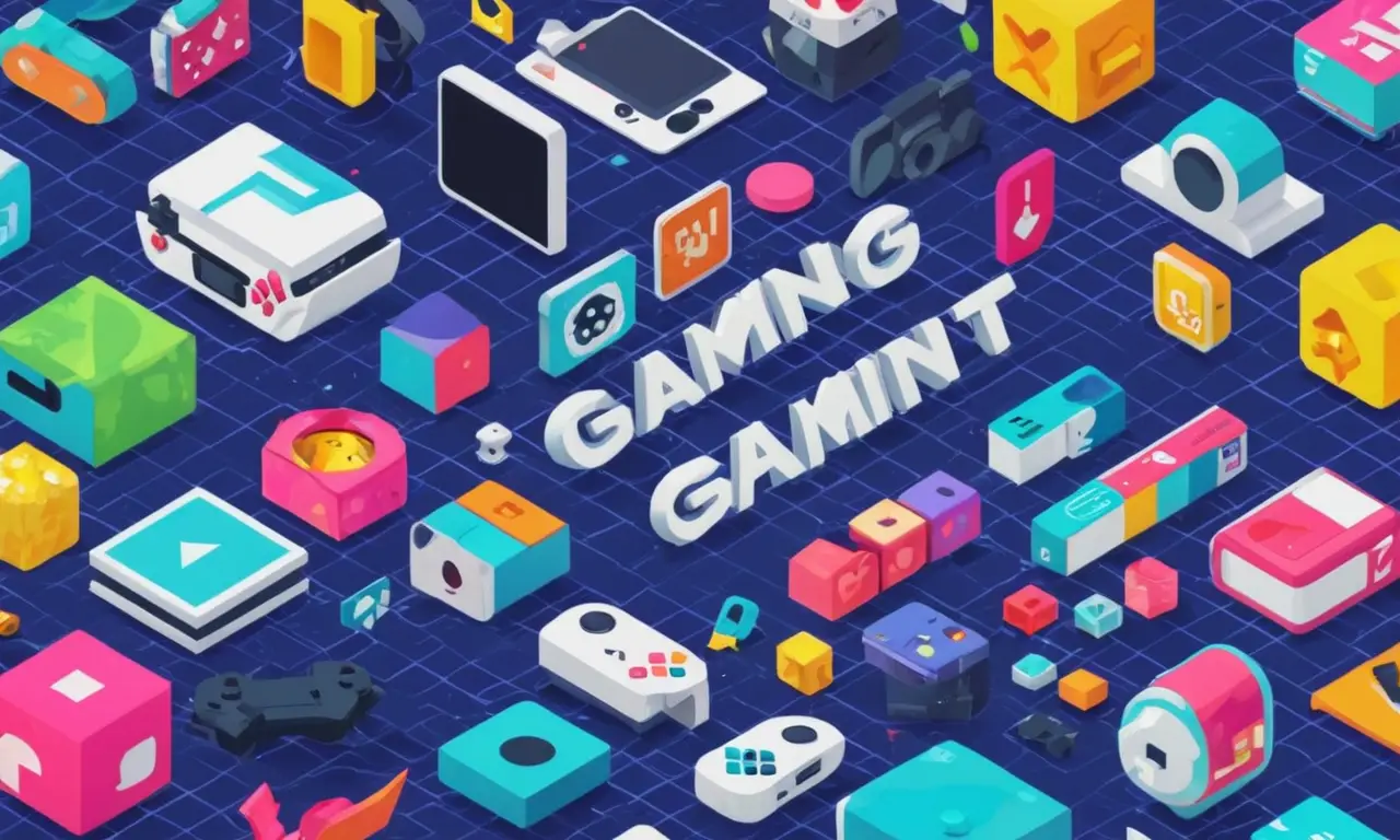 Un collage de componentes de diseño gráfico, como fuentes, colores y texturas, con iconos de juego en el fondo.