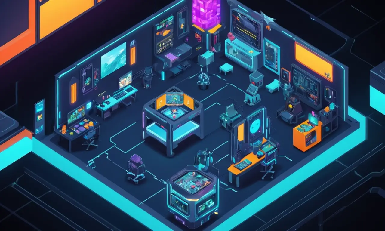 Una escena futurista con una perspectiva de jugadores en varios elementos de diseño gráfico en el desarrollo de videojuegos.