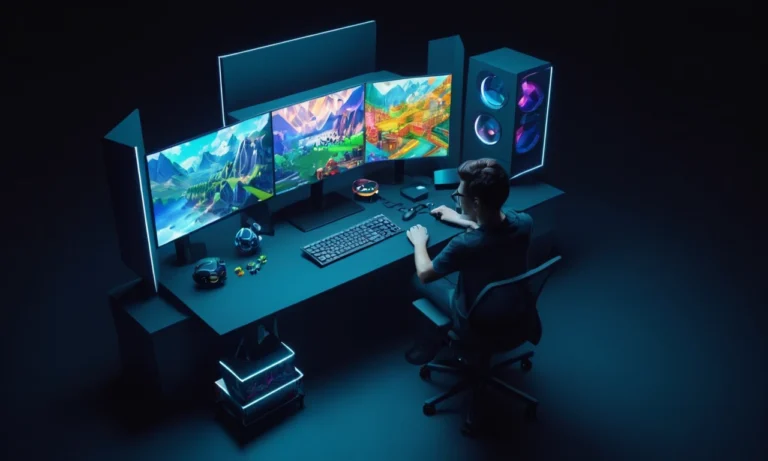 Un diseñador que trabaja en un ordenador con gráficos de diseño de productos para videojuegos mostrados en la pantalla.