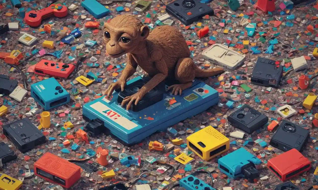 Una ilustración retro-estilo de E.T. sosteniendo un joystick Atari roto en medio de un desorden de cartuchos y controladores de juego descartados.
