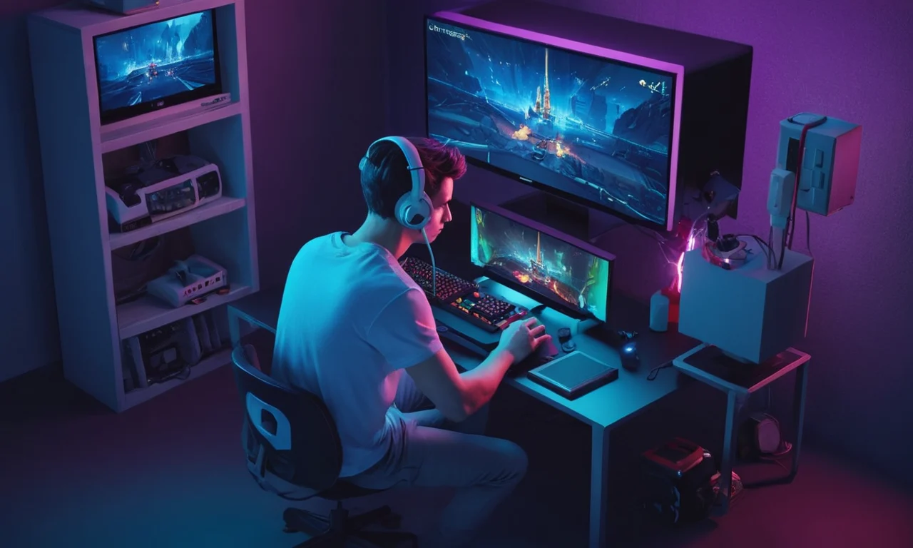 Un jugador sentado frente a una consola, con una expresión preocupada y una pantalla de pantalla dividida que muestra un juego que se juega y un medidor de salud.