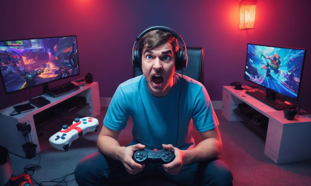 Un rostro de jugadores contorsionado en frustración con un controlador cercano, rodeado de pantallas de juego y notas en rabia renunciando.