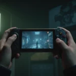 Una persona que sostiene un controlador con el logotipo del juego Resident Evil en la pantalla en el fondo