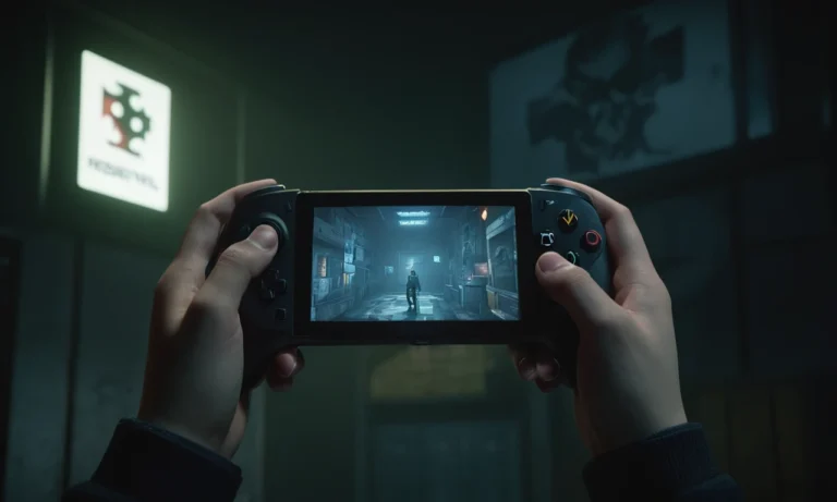 Una persona que sostiene un controlador con el logotipo del juego Resident Evil en la pantalla en el fondo