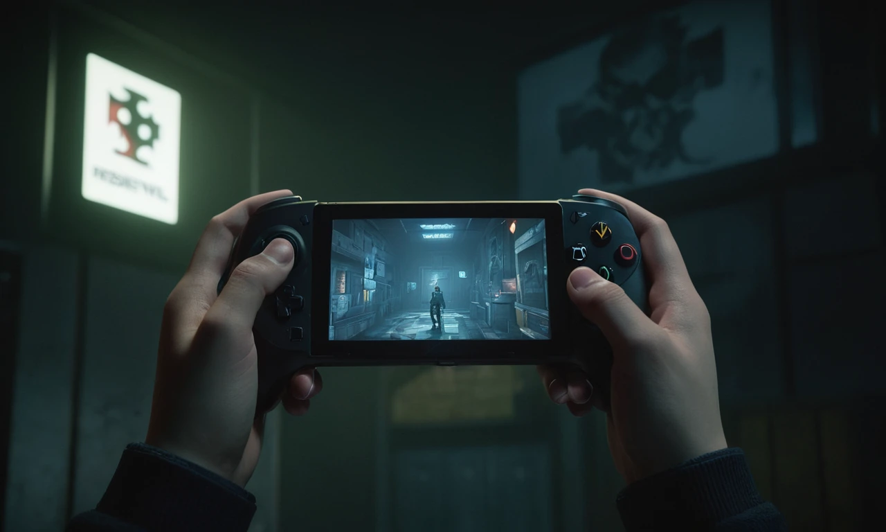 Una persona que sostiene un controlador con el logotipo del juego Resident Evil en la pantalla en el fondo